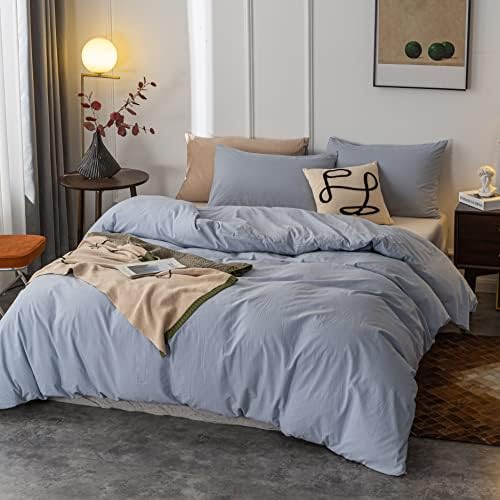 Janlive Washed Cotton Duvet Cover Set Twin Light Blue