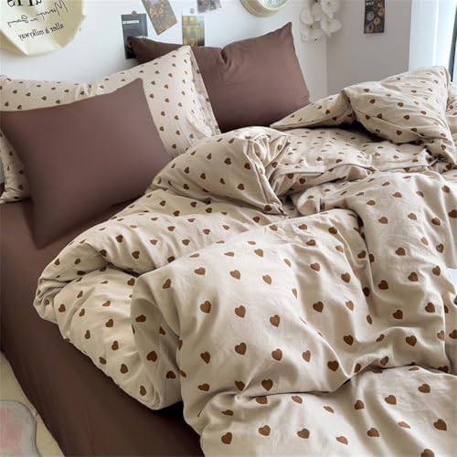 Cute Heart Duvet Cover Set 3Pcs Brown Love Pattern