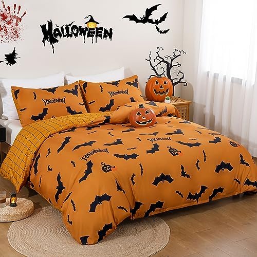 Xruibed King Halloween Duvet Cover Set - Pumpkin Bat Orange Bedding with 2 Pillowcases