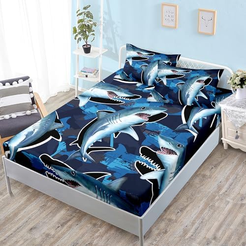 HOSIMA Blue Shark Fitted Sheet Set Queen Size