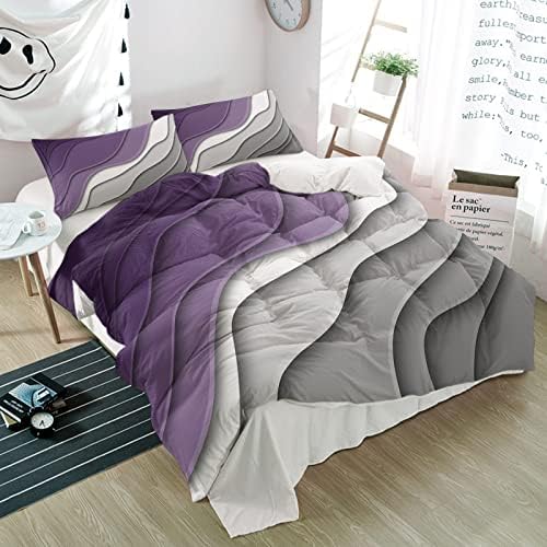California King Duvet Cover Set 3PCS Purple Grey White Wave Stripes