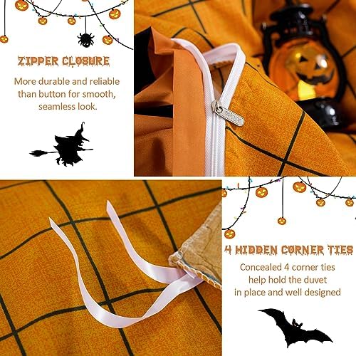 Xruibed King Halloween Duvet Cover Set - Pumpkin Bat Orange Bedding with 2 Pillowcases