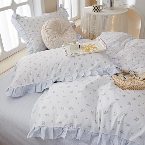 Blue Floral Ruffle 100 Cotton Duvet Cover Set for Teen Girls