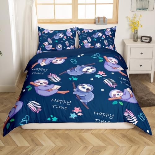 Feelyou Kids Cartoon Cute Floral Sloth Duvet Cover Set