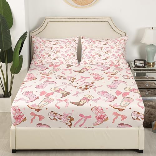 Feelyou Pink Bow Fitted Sheet Set Twin Size Kids Bedding