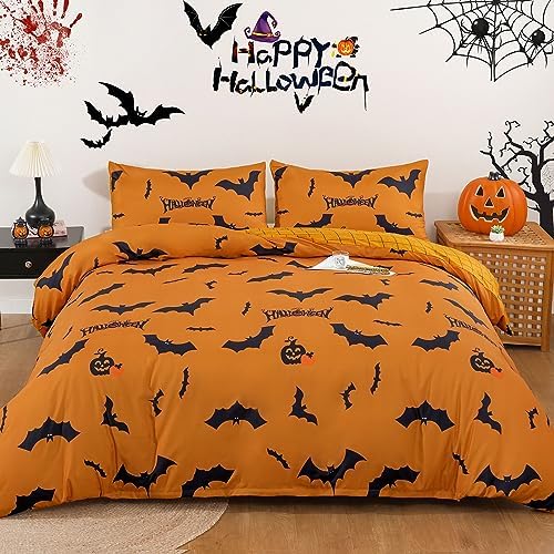 Xruibed King Halloween Duvet Cover Set - Pumpkin Bat Orange Bedding with 2 Pillowcases