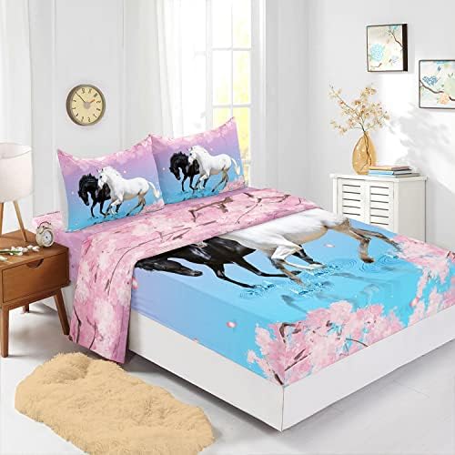Kids Horse Sheet Set with Cherry Blossom Petals 4Pcs 3D Animal Bedding