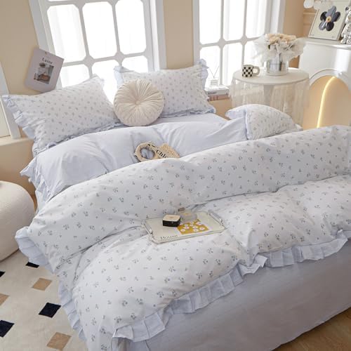 Blue Floral Ruffle 100 Cotton Duvet Cover Set for Teen Girls
