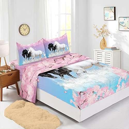 Kids Horse Sheet Set 4Pcs Cherry Blossoms 3D Wild Animal Bedding