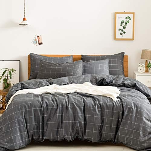 JELLYMONI 3pcs Plaid Duvet Cover Set Black with White Grid Pattern