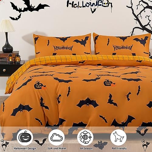 Xruibed King Halloween Duvet Cover Set - Pumpkin Bat Orange Bedding with 2 Pillowcases