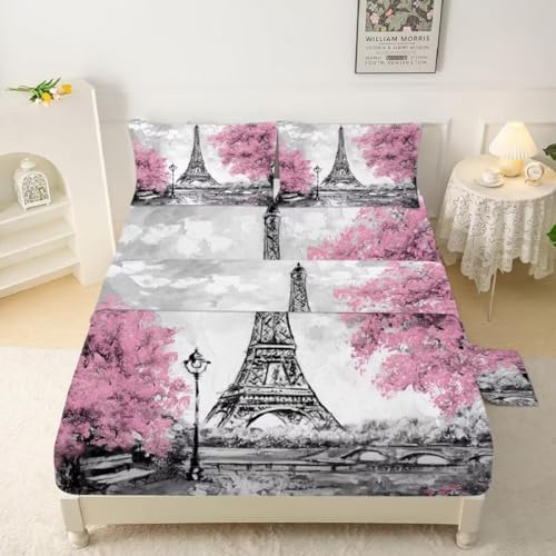 Kxry Pink Paris Fitted Sheet Set - Full Size 4pc 1