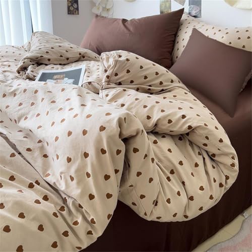 Cute Heart Duvet Cover Set 3Pcs Brown Love Pattern