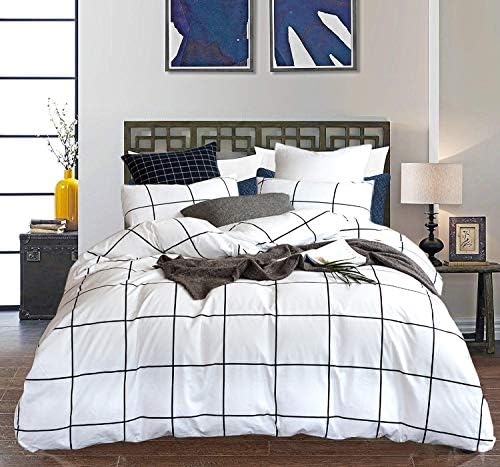 CLOTHKNOW 3Pcs Twin Duvet Cover Set White Plaid