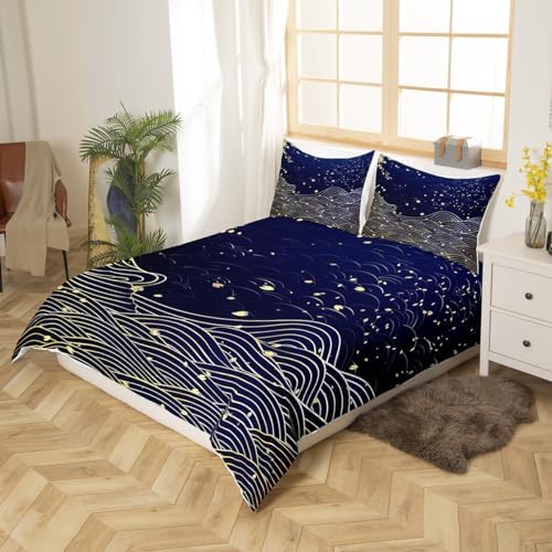 Erosebridal Ukiyoe Style Queen Duvet Set Sea Waves Cherry Blossom