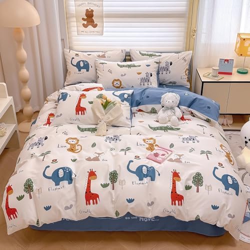 Kids Duvet Cover Queen Size with Cartoon Animals