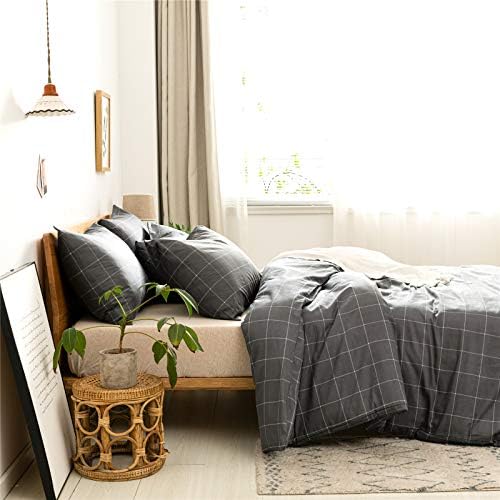 JELLYMONI 3pcs Plaid Duvet Cover Set Black with White Grid Pattern