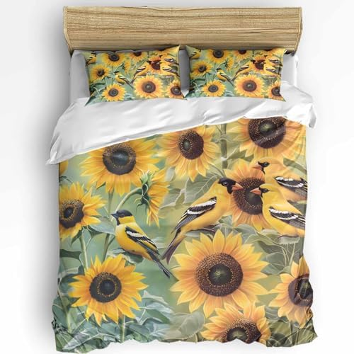 Boanket 3-Piece Duvet Cover Set Yellow Sunflowers Birds 1