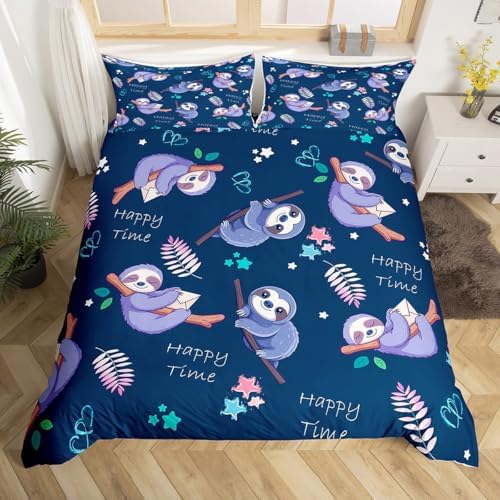 Feelyou Kids Cartoon Cute Floral Sloth Duvet Cover Set
