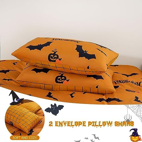 Xruibed King Halloween Duvet Cover Set - Pumpkin Bat Orange Bedding with 2 Pillowcases
