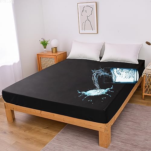 Holawakaka Queen Waterproof Mattress Protector Breathable Fitted Sheet Cover Black