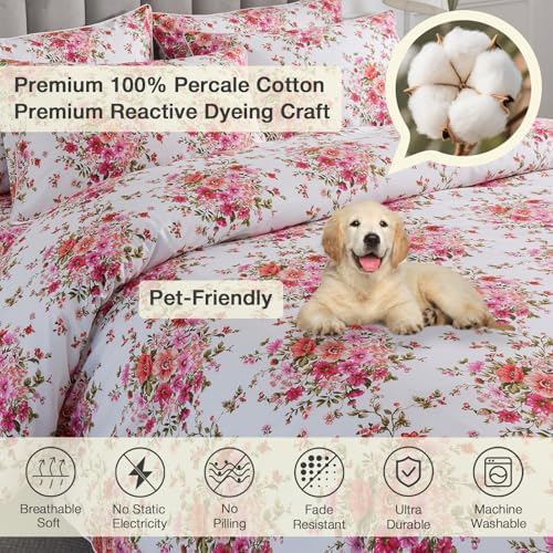 Pink Floral Boho Duvet Cover Queen 3Pcs Set