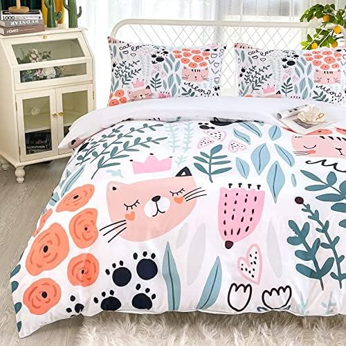 Sunature Cartoon Cat Duvet Cover Set Queen Size 3 Piece
