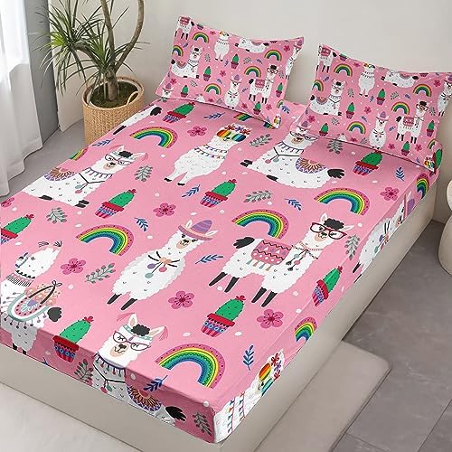 HOSIMA Kids Girls Pink Fitted Sheet with 2 Pillowcases