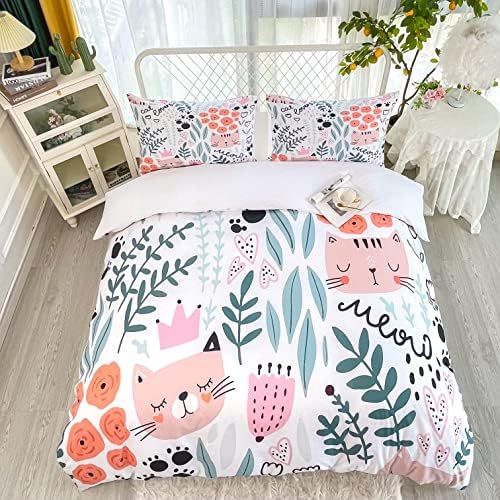 Sunature Cartoon Cat Duvet Cover Set Queen Size 3 Piece