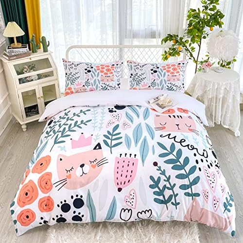 Sunature Cartoon Cat Duvet Cover Set Queen Size 3 Piece