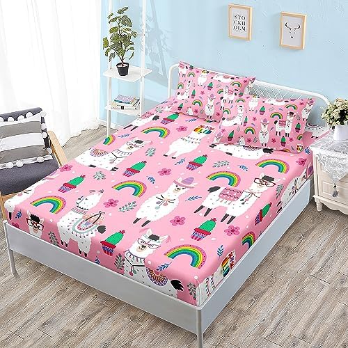 HOSIMA Kids Girls Pink Fitted Sheet with 2 Pillowcases