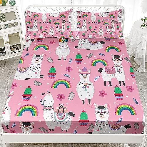 HOSIMA Kids Girls Pink Fitted Sheet with 2 Pillowcases